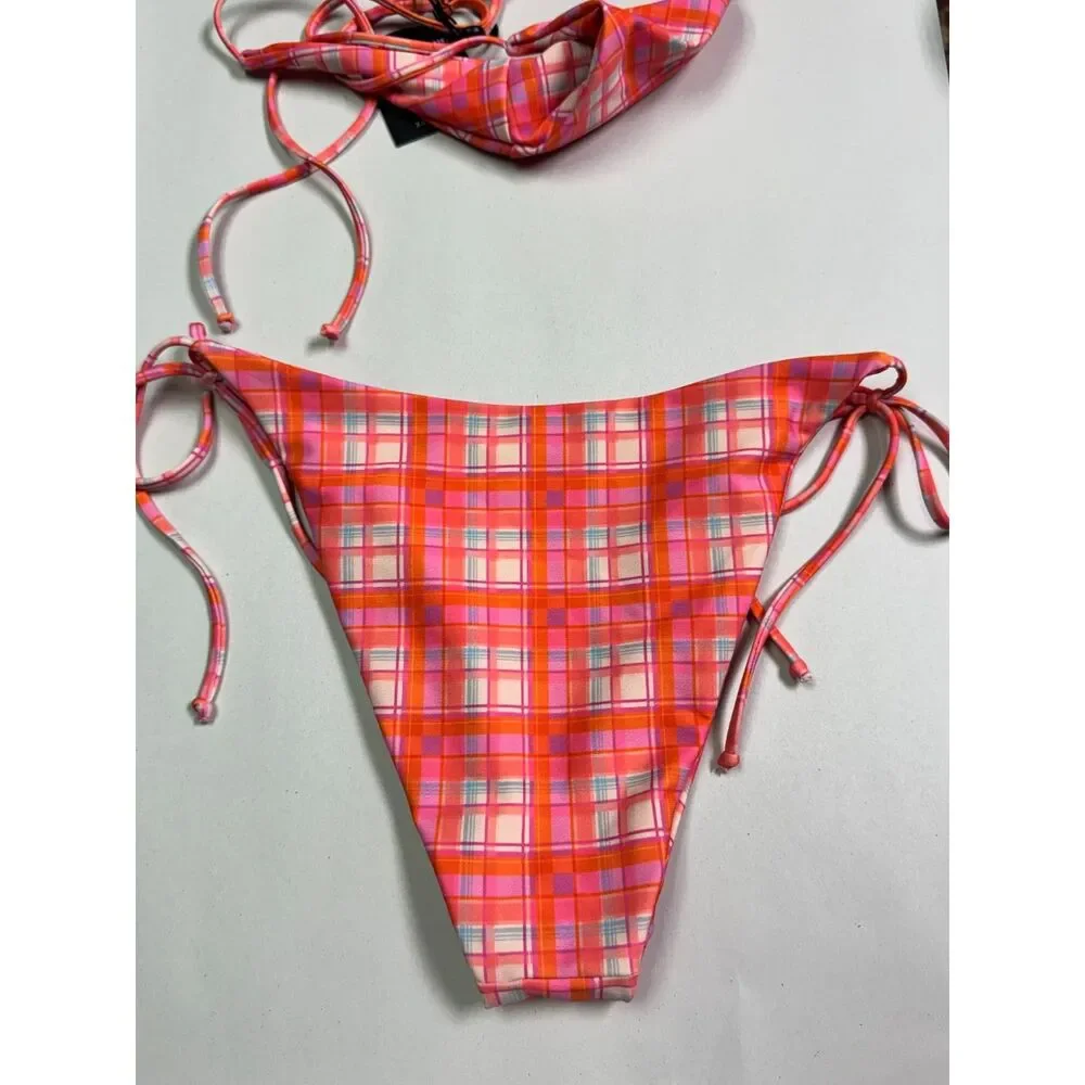 NWT - SKATIE Eco-Friendly Sugar Magnolia Vibrant Pink/Orange Plaid Bikini, Sz S